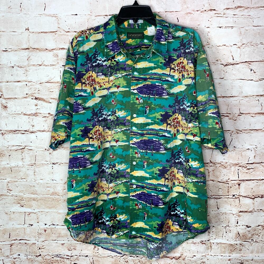 Vintage LINKSPORT Mens Golf Hawaiian Shirt Button Short Sleeve Size XL Tiki